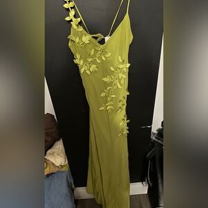 Chic Asymmetrical Olive Dress with Leaf Embroidery